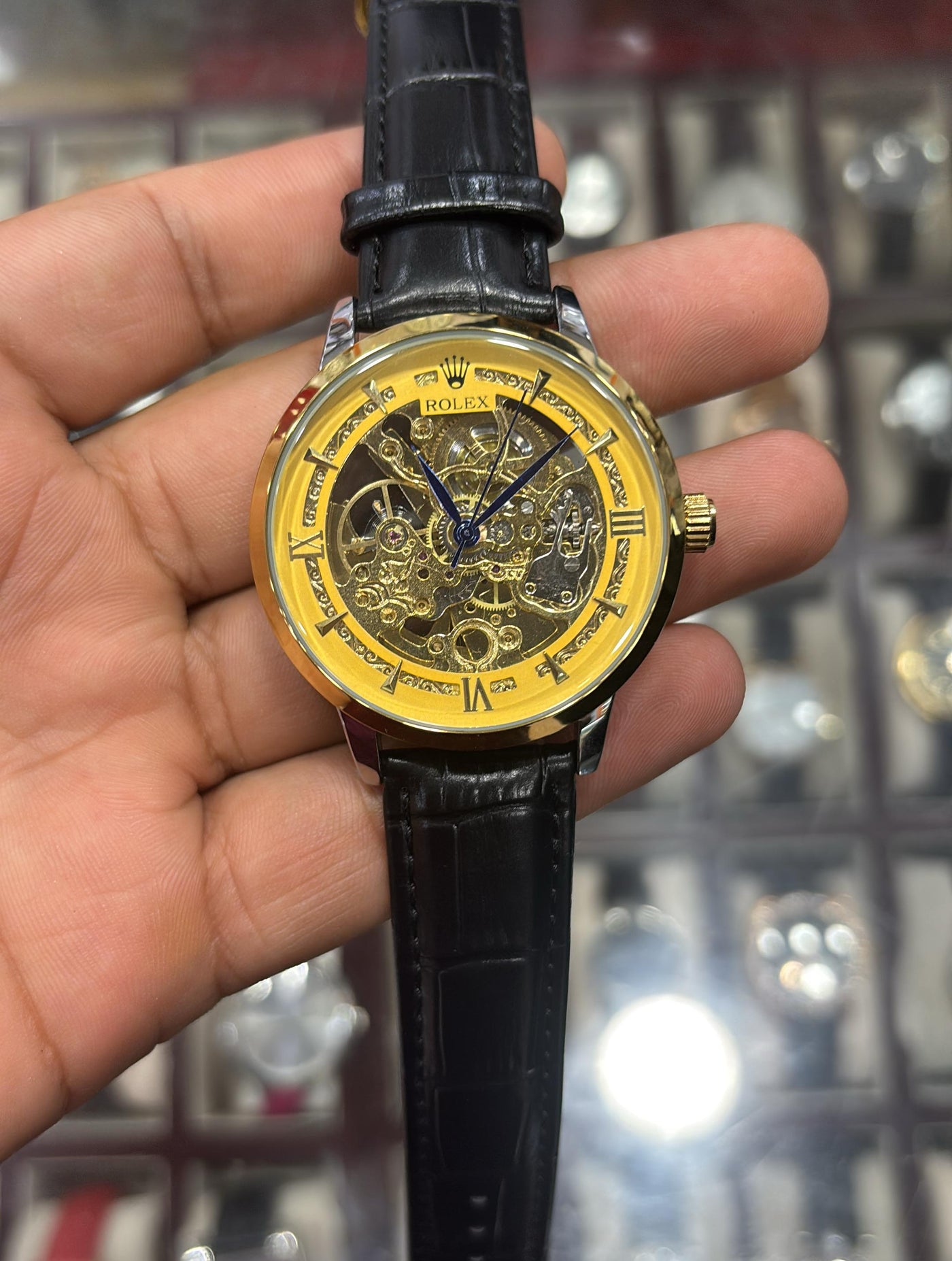 Rolex - Skeleton Automatic Watch – Gold Dial Case with Black Leather Straps
