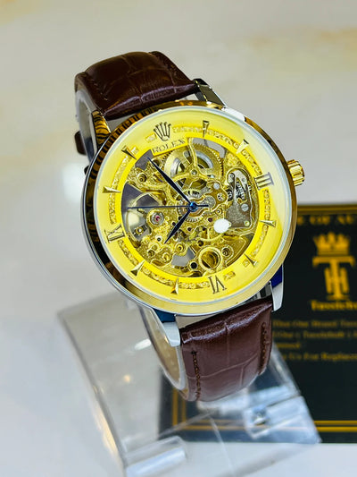 Rolex - Skeleton Automatic Watch – Gold Dial Case with Black Leather Straps