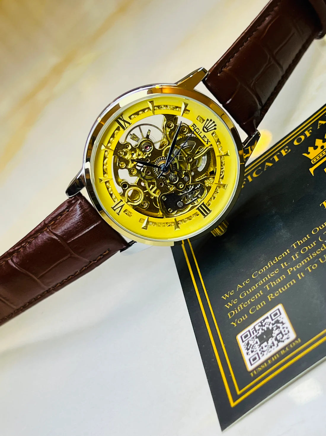 Rolex - Skeleton Automatic Watch – Gold Dial Case with Black Leather Straps