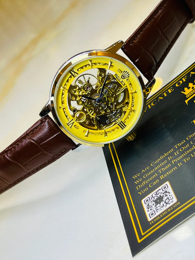 Rolex - Skeleton Automatic Watch – Gold Dial Case with Black Leather Straps