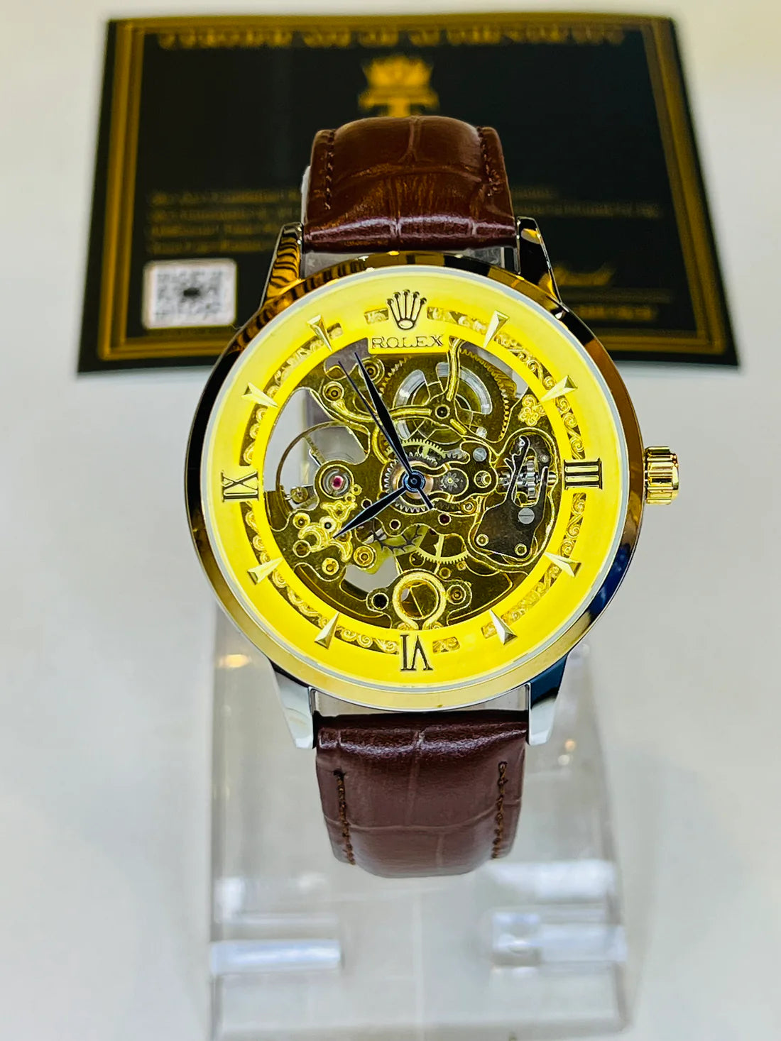 Rolex - Skeleton Automatic Watch – Gold Dial Case with Black Leather Straps