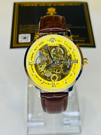 Rolex - Skeleton Automatic Watch – Gold Dial Case with Black Leather Straps