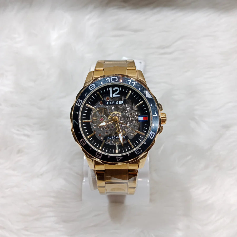 Tommy Hilfiger - Automatic Watch –  Black Dial, Golden Strap
