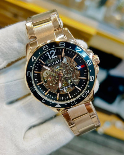 Tommy Hilfiger - Automatic Watch –  Black Dial, Golden Strap