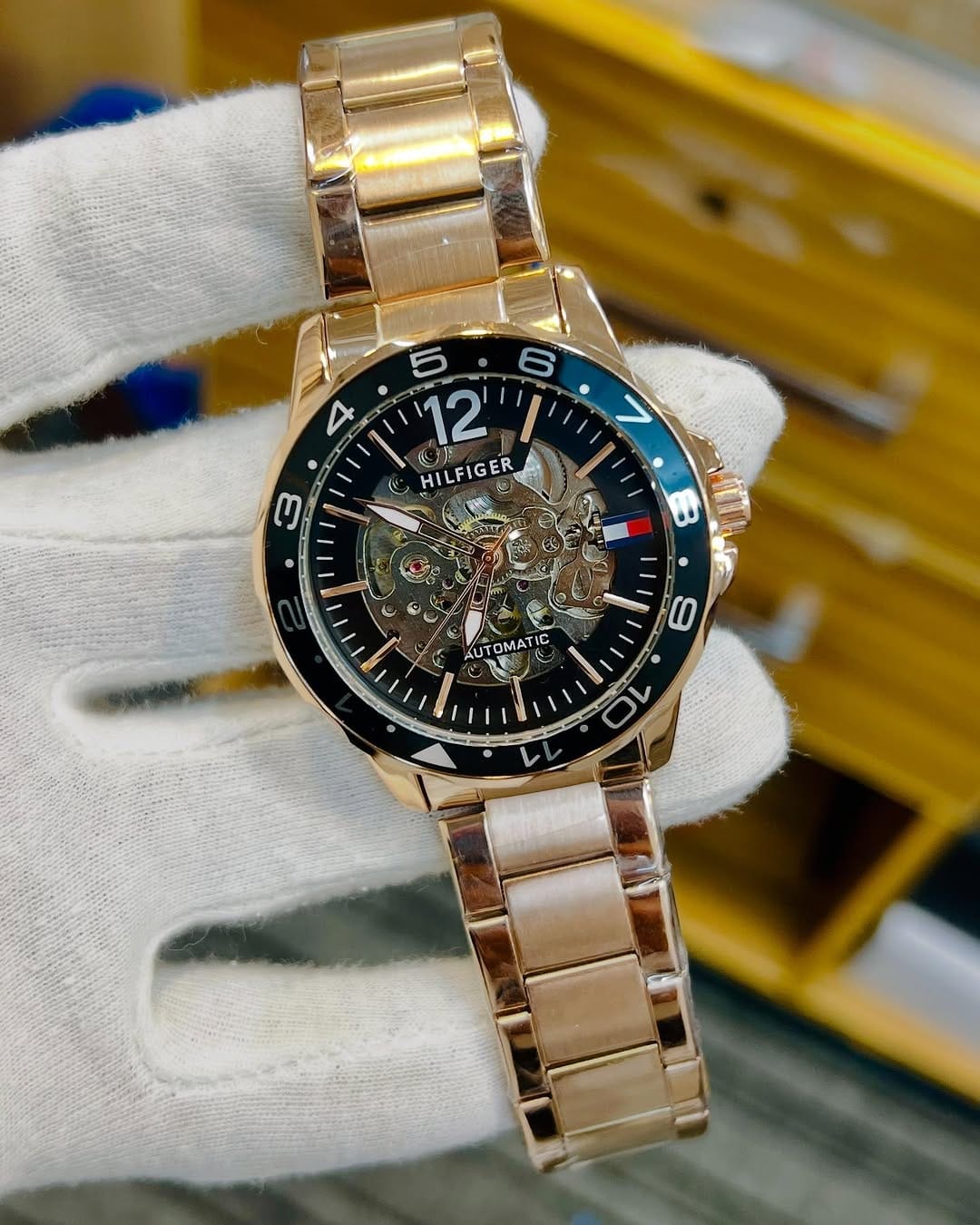 Tommy Hilfiger - Automatic Watch –  Black Dial, Golden Strap