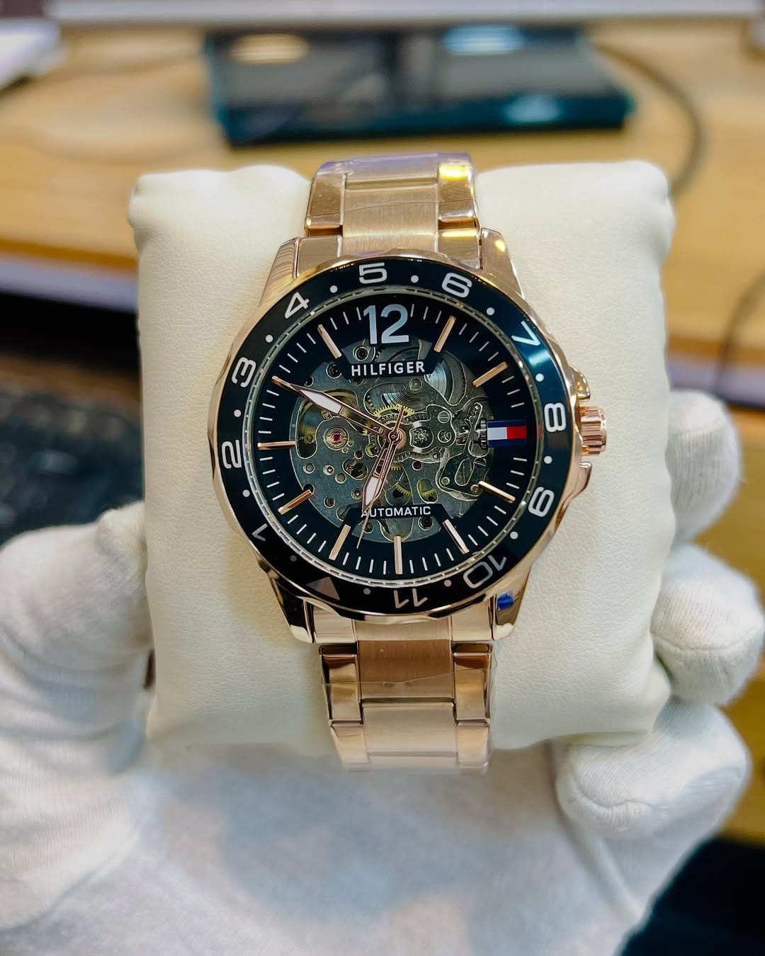 Tommy Hilfiger - Automatic Watch –  Black Dial, Golden Strap